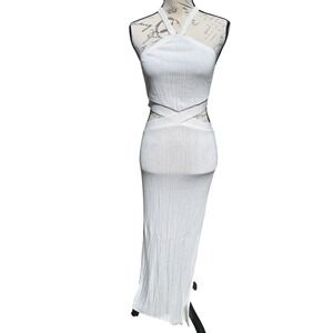 RNWY White Ribbed Knit Halter Cutout Maxi Dress Side Slit Size 8‎